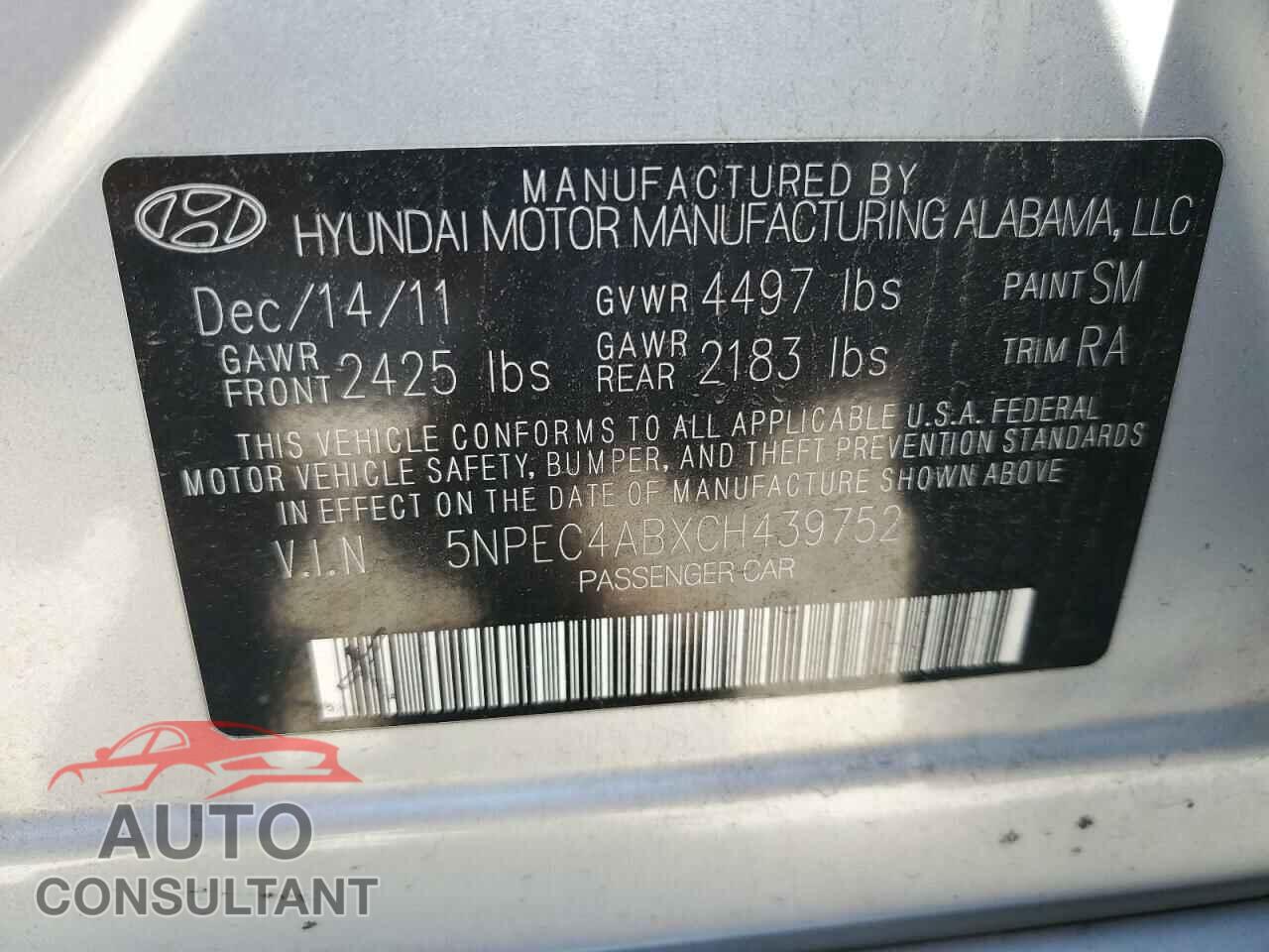 HYUNDAI SONATA 2012 - 5NPEC4ABXCH439752