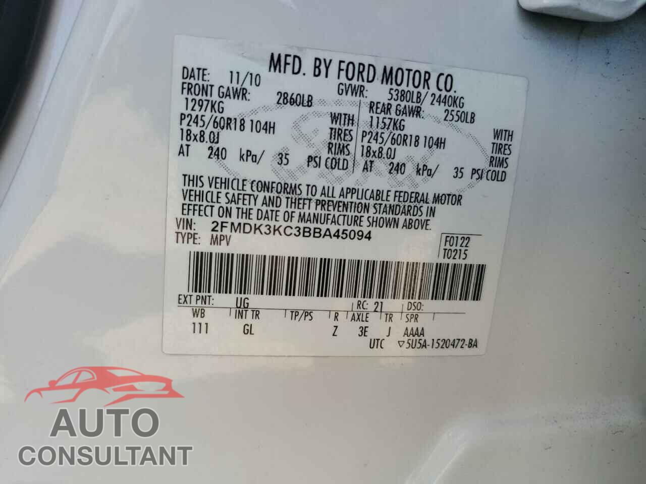 FORD EDGE 2011 - 2FMDK3KC3BBA45094