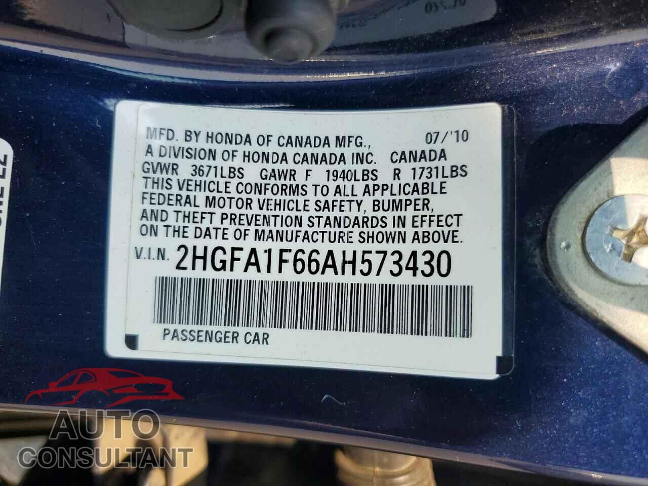 HONDA CIVIC 2010 - 2HGFA1F66AH573430