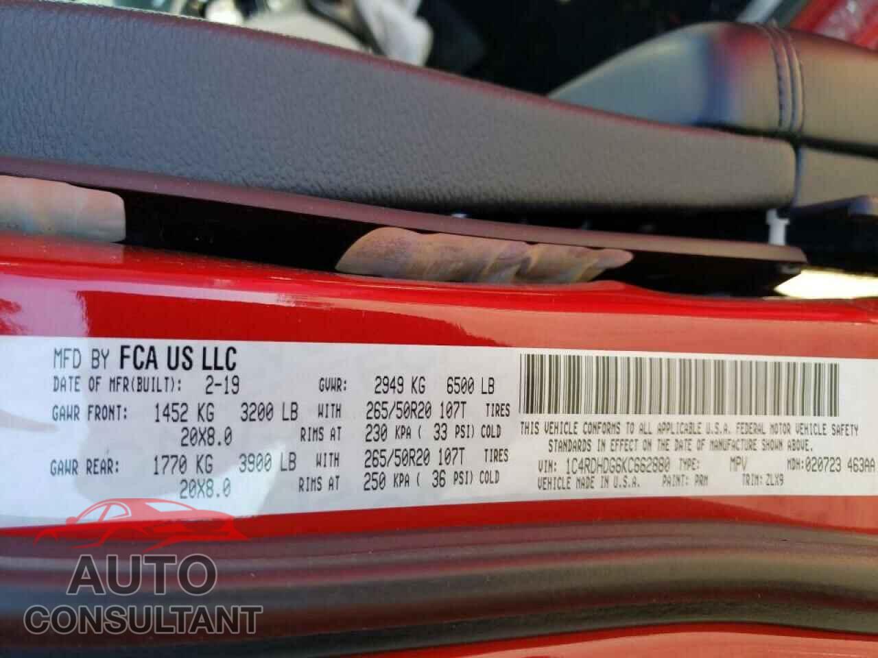 DODGE DURANGO 2019 - 1C4RDHDG6KC662880