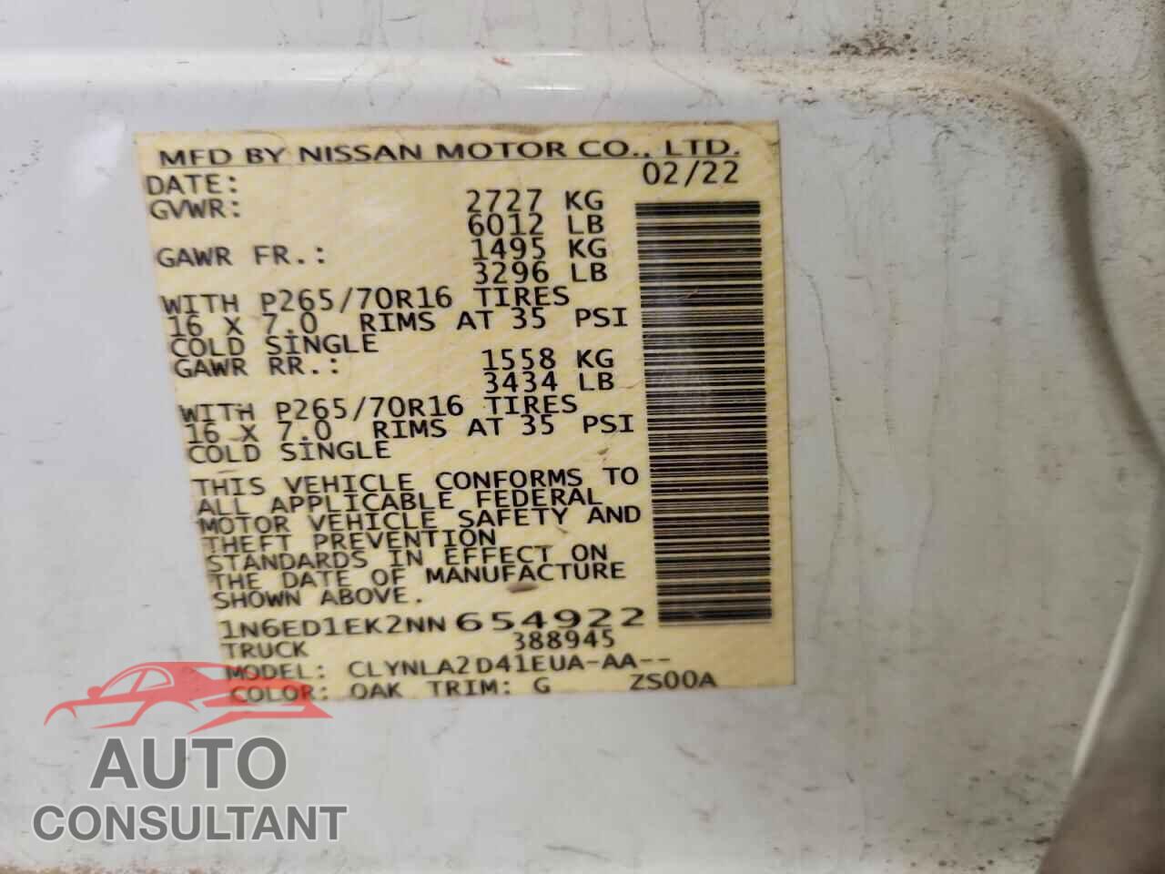 NISSAN FRONTIER 2022 - 1N6ED1EK2NN654922