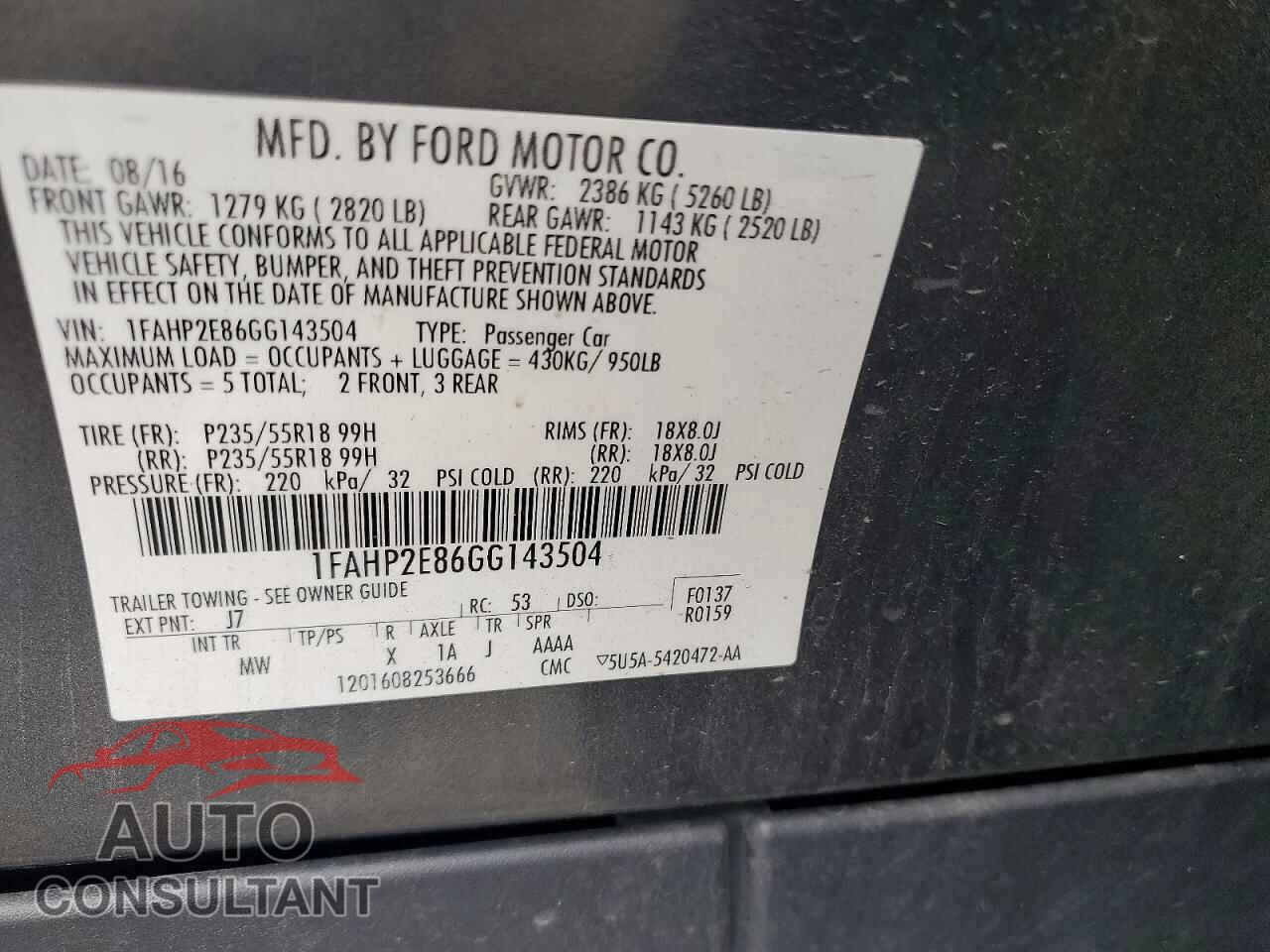 FORD TAURUS 2016 - 1FAHP2E86GG143504