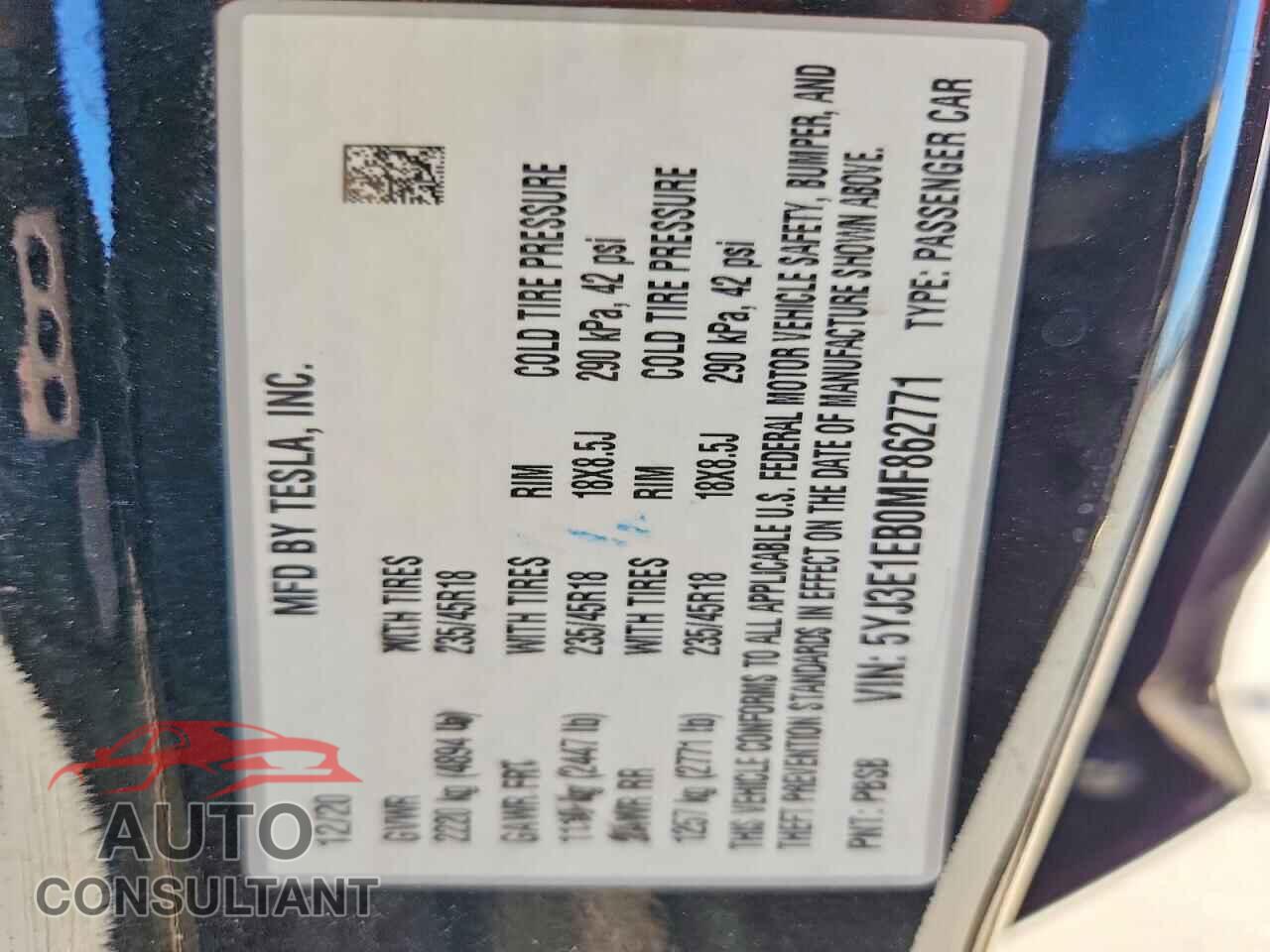TESLA MODEL 3 2021 - 5YJ3E1EB0MF862771