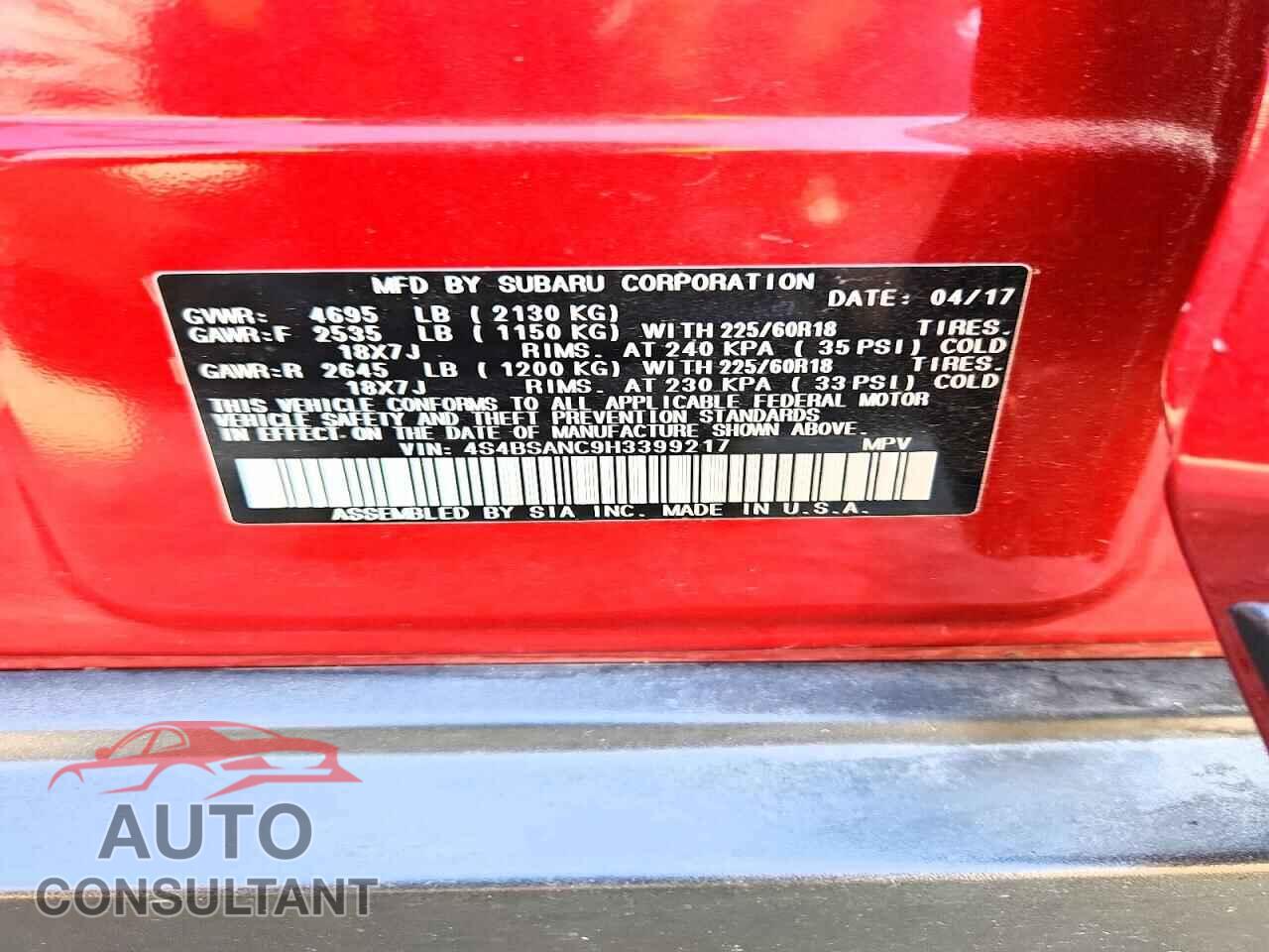 SUBARU OUTBACK 2017 - 4S4BSANC9H3399217