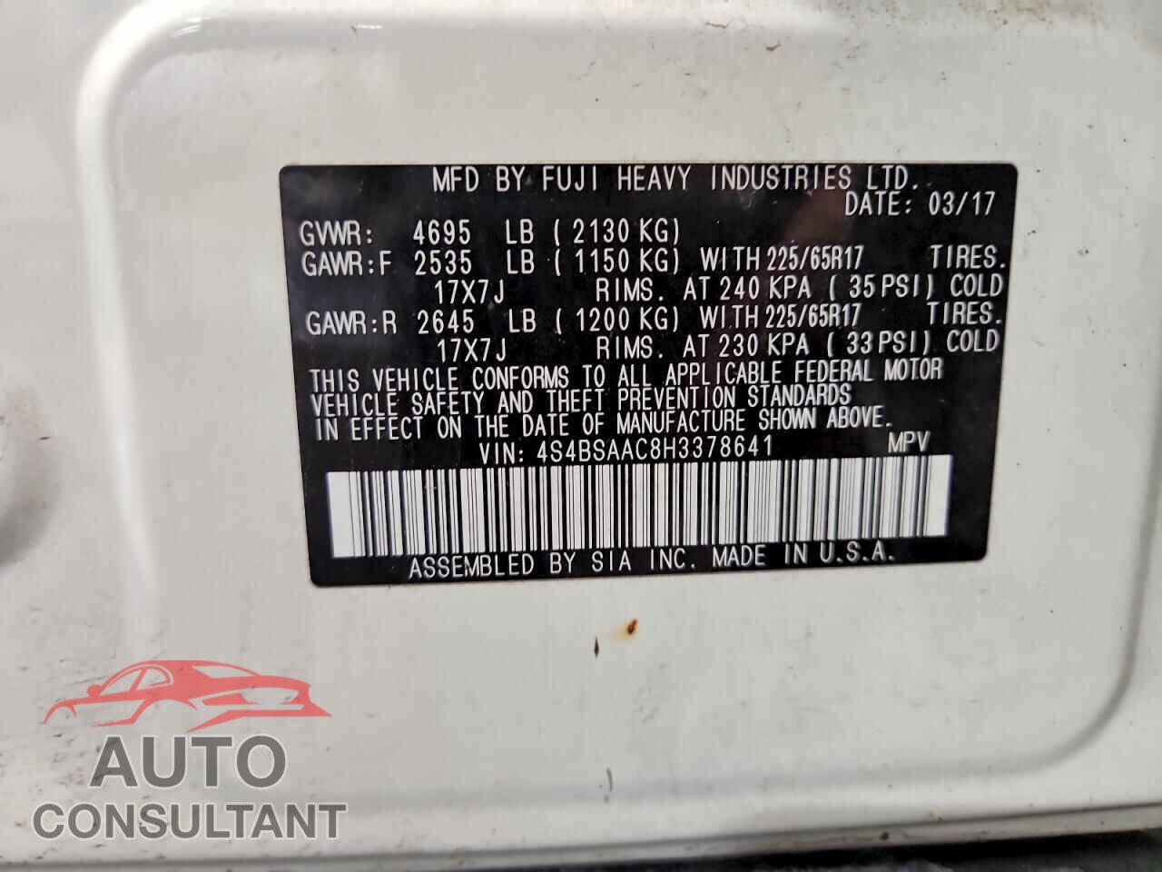 SUBARU OUTBACK 2017 - 4S4BSAAC8H3378641