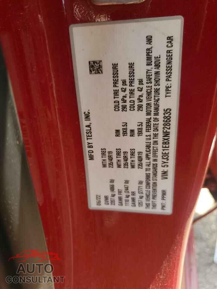 TESLA MODEL 3 2022 - 5YJ3E1EBXNF286835