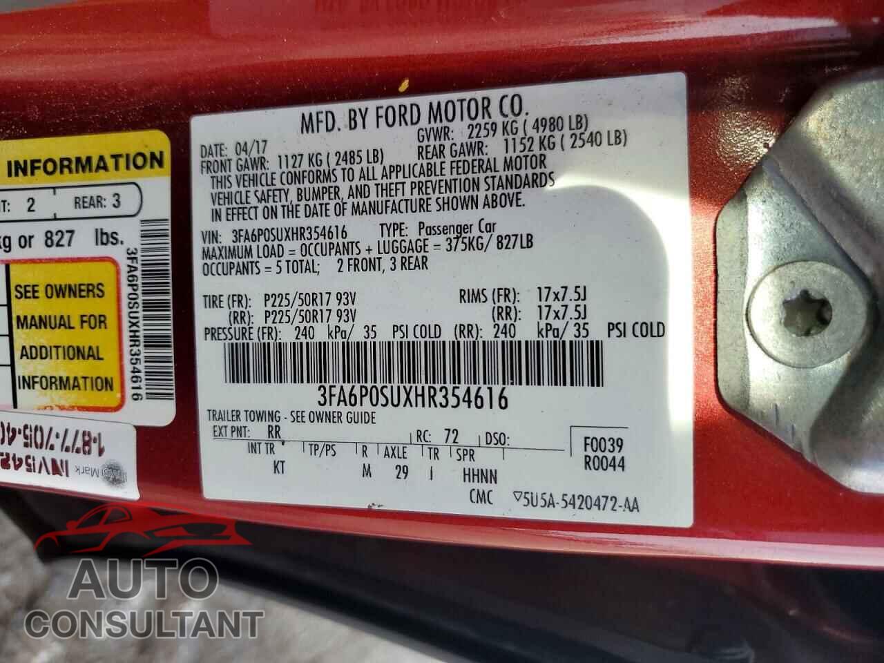 FORD FUSION 2017 - 3FA6P0SUXHR354616