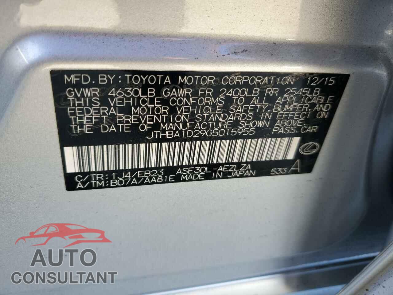 LEXUS IS 2016 - JTHBA1D29G5015955