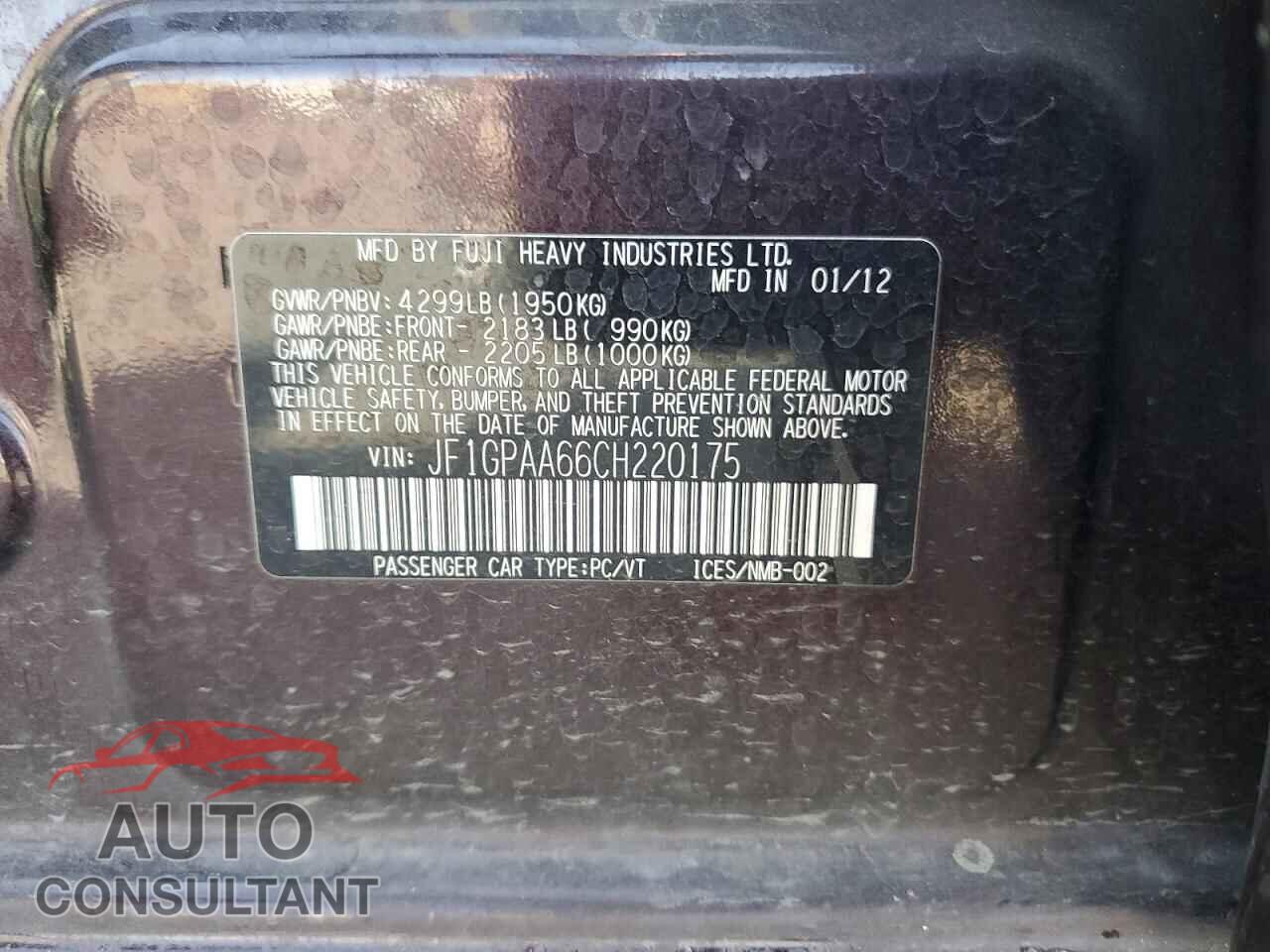 SUBARU IMPREZA 2012 - JF1GPAA66CH220175