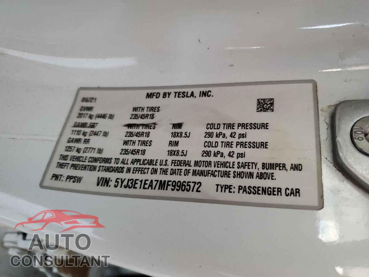 TESLA MODEL 3 2021 - 5YJ3E1EA7MF996572