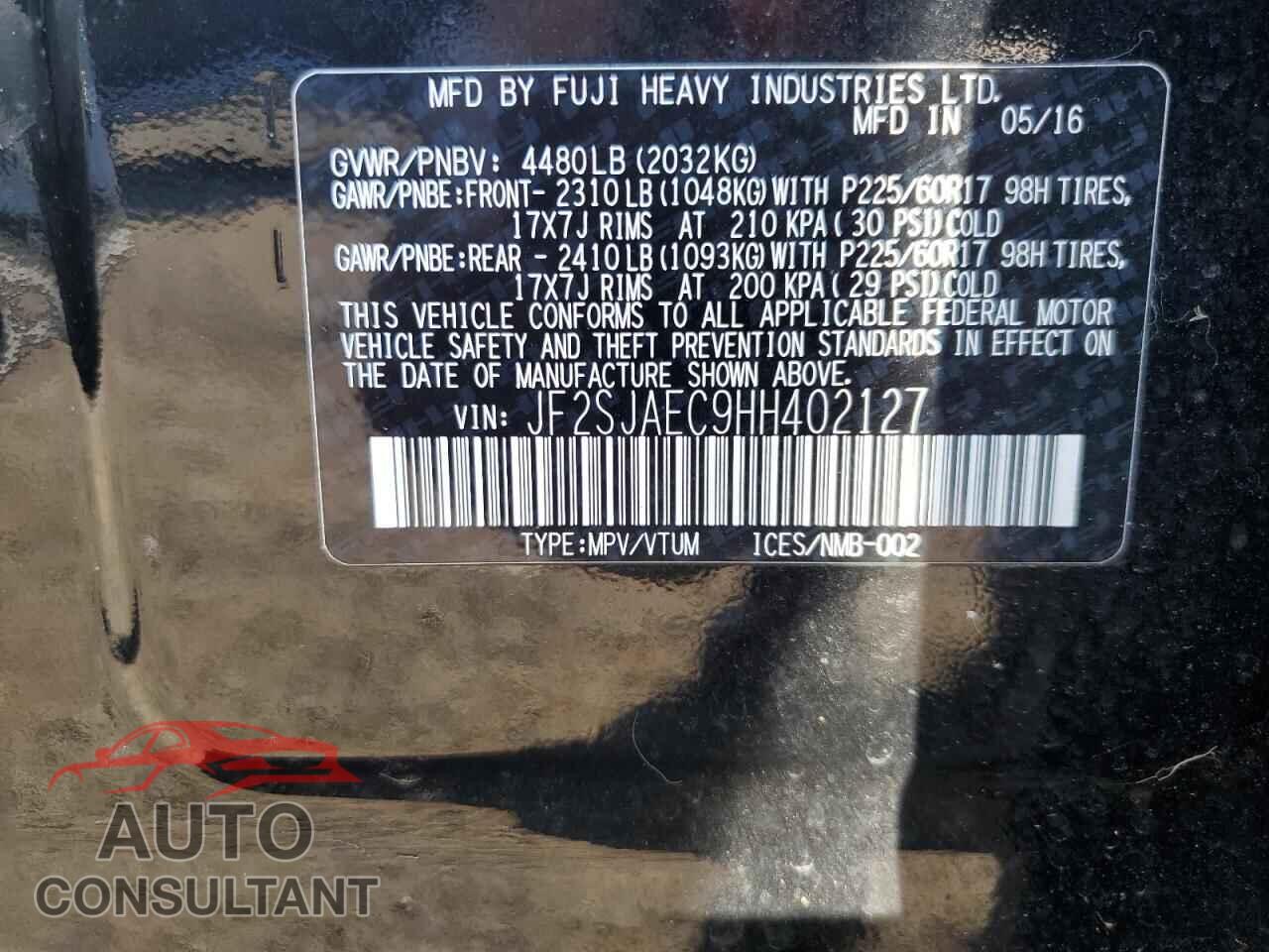 SUBARU FORESTER 2017 - JF2SJAEC9HH402127