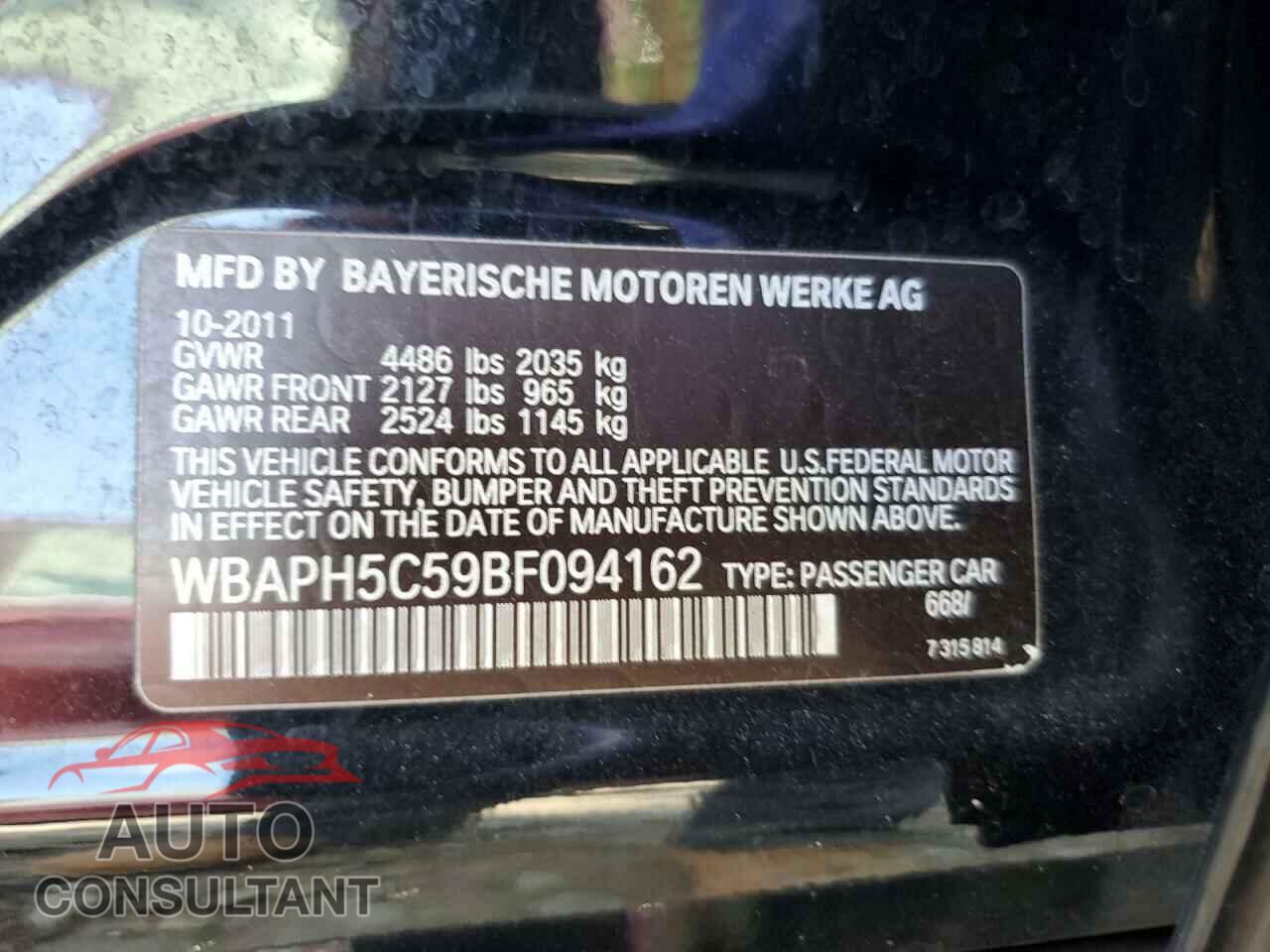 BMW 3 SERIES 2011 - WBAPH5C59BF094162