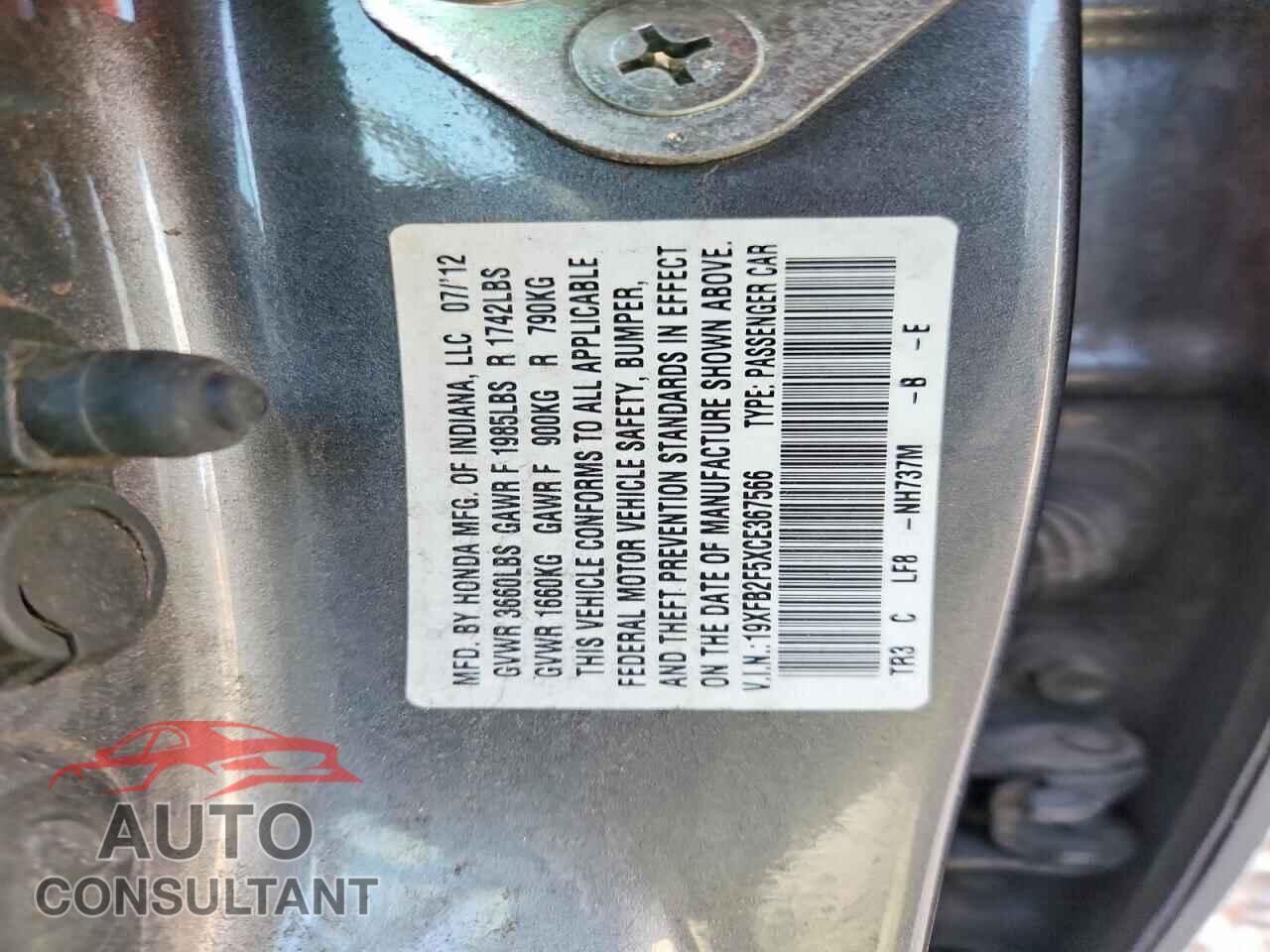 HONDA CIVIC 2012 - 19XFB2F5XCE367566