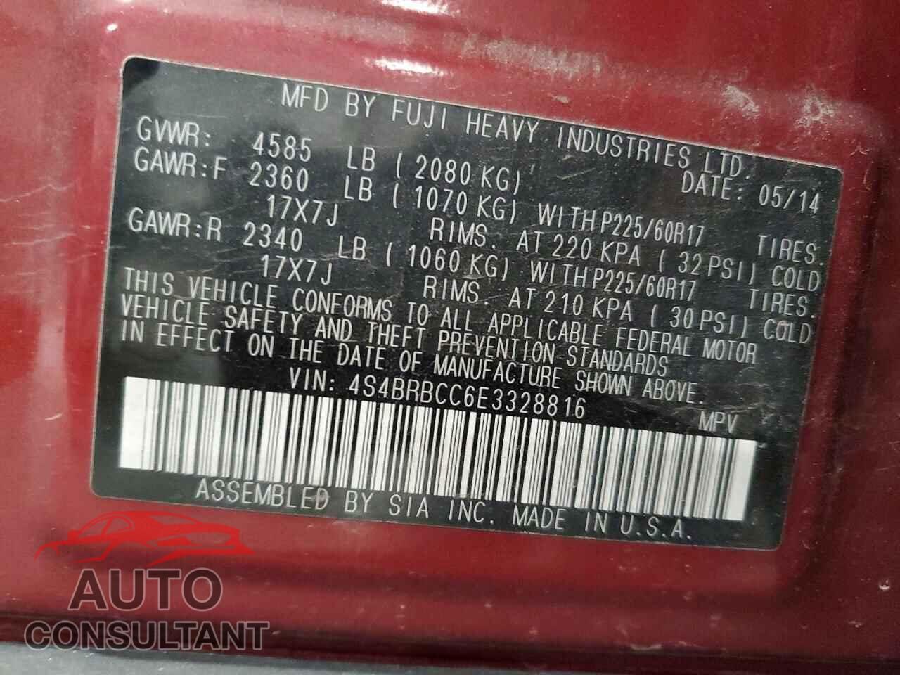 SUBARU OUTBACK 2014 - 4S4BRBCC6E3328816