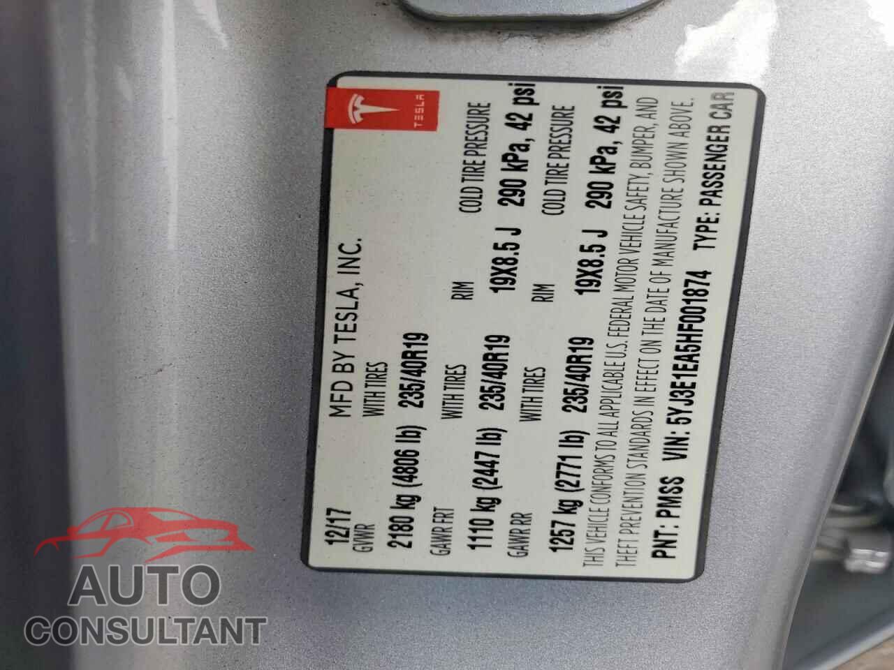 TESLA MODEL 3 2017 - 5YJ3E1EA5HF001874