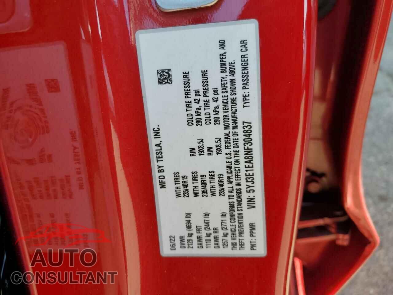 TESLA MODEL 3 2022 - 5YJ3E1EA8NF304837