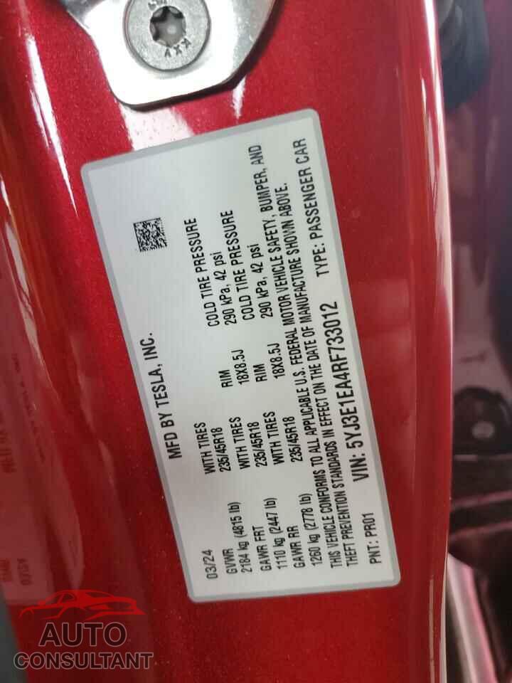 TESLA MODEL 3 2024 - 5YJ3E1EA4RF733012