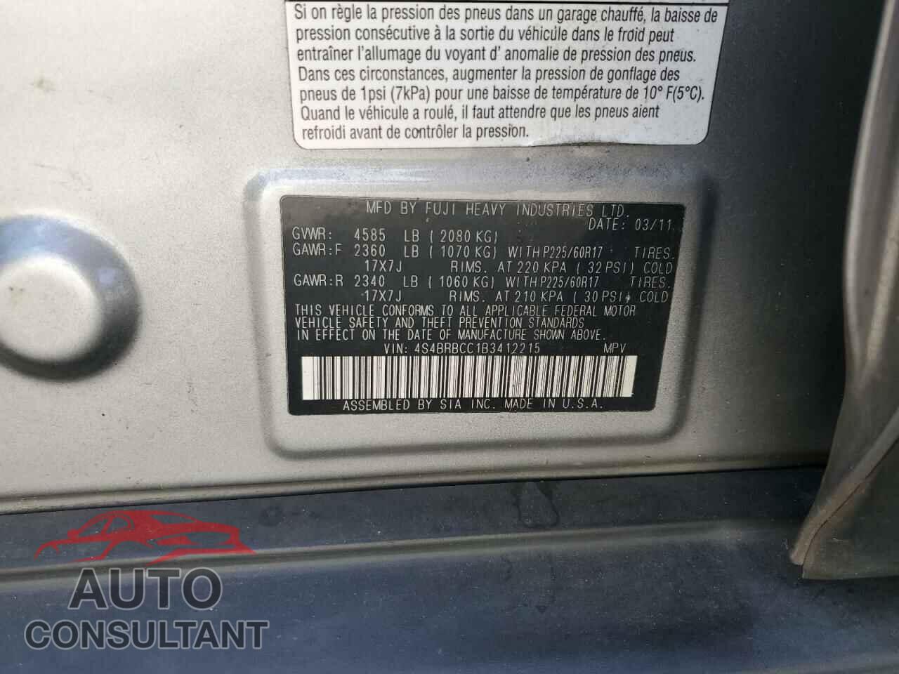 SUBARU OUTBACK 2011 - 4S4BRBCC1B3412215
