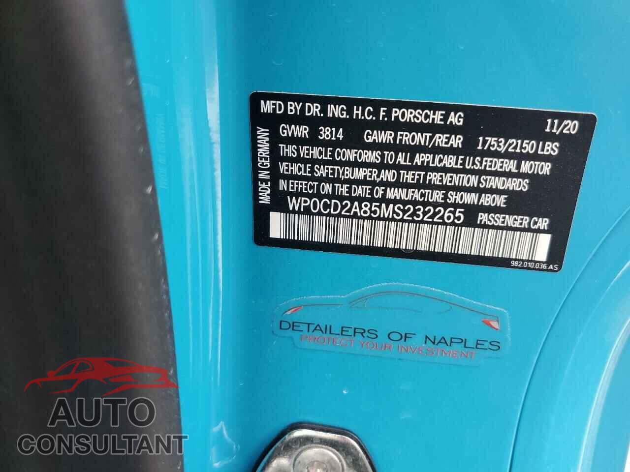 PORSCHE BOXSTER 2021 - WP0CD2A85MS232265