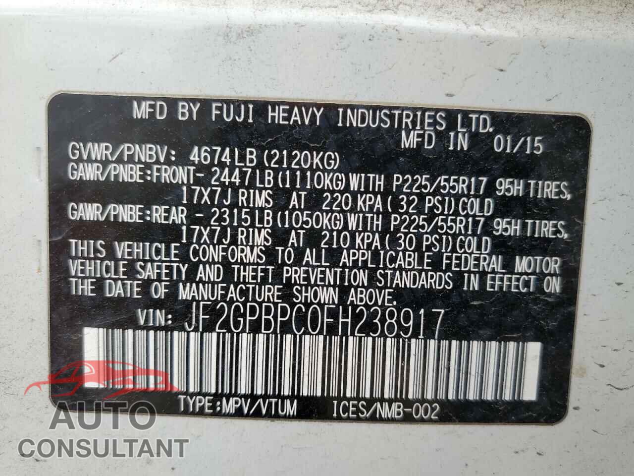 SUBARU XV 2015 - JF2GPBPC0FH238917