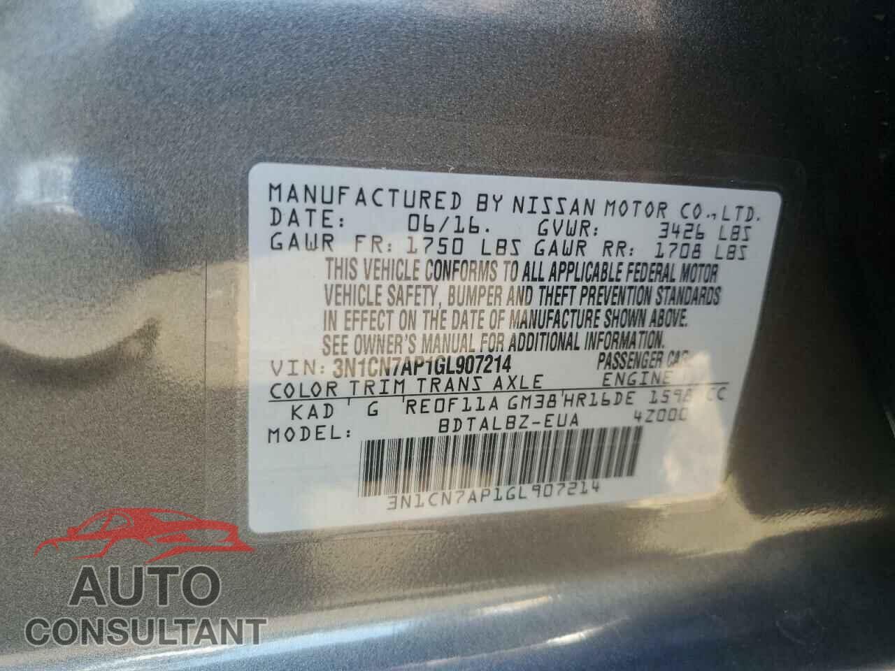 NISSAN VERSA 2016 - 3N1CN7AP1GL907214