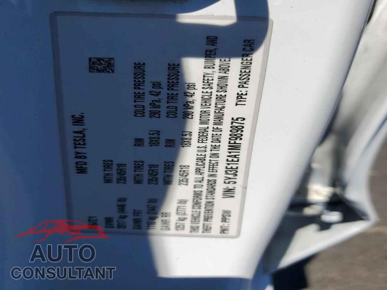 TESLA MODEL 3 2021 - 5YJ3E1EA1MF989875