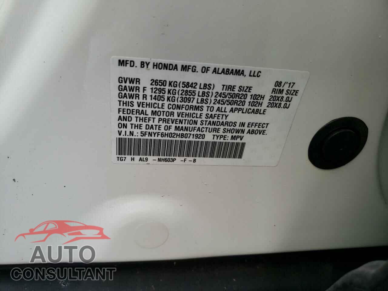 HONDA PILOT 2017 - 5FNYF6H02HB071920