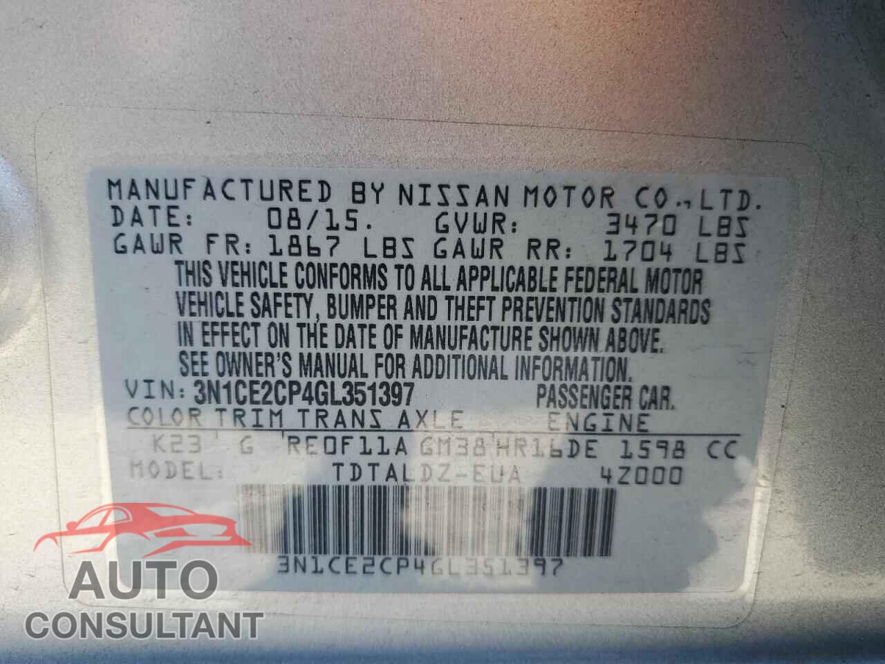 NISSAN VERSA 2016 - 3N1CE2CP4GL351397
