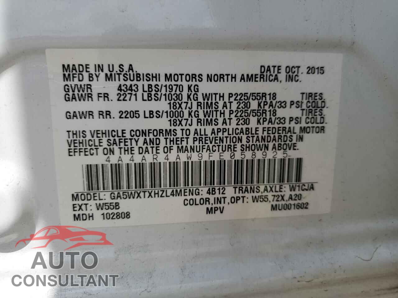 MITSUBISHI OUTLANDER 2015 - 4A4AR4AW9FE058925