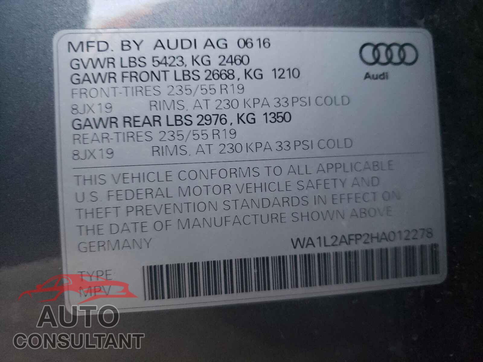 AUDI Q5 2017 - WA1L2AFP2HA012278