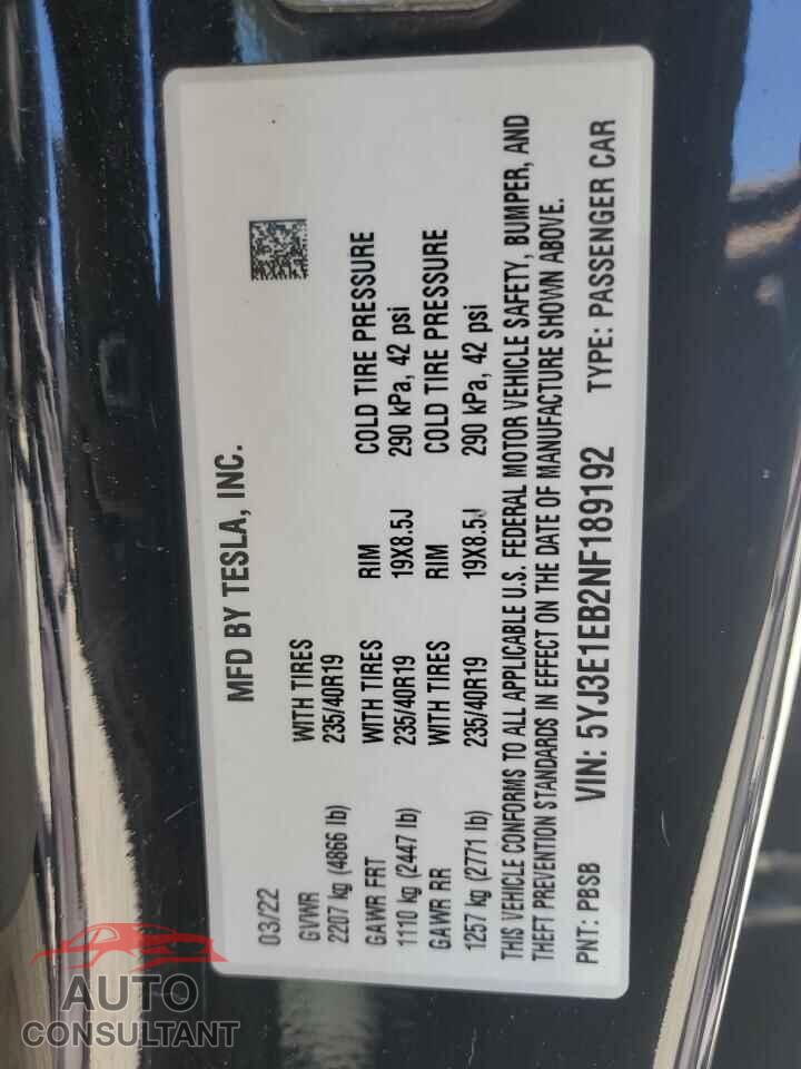 TESLA MODEL 3 2022 - 5YJ3E1EB2NF189192