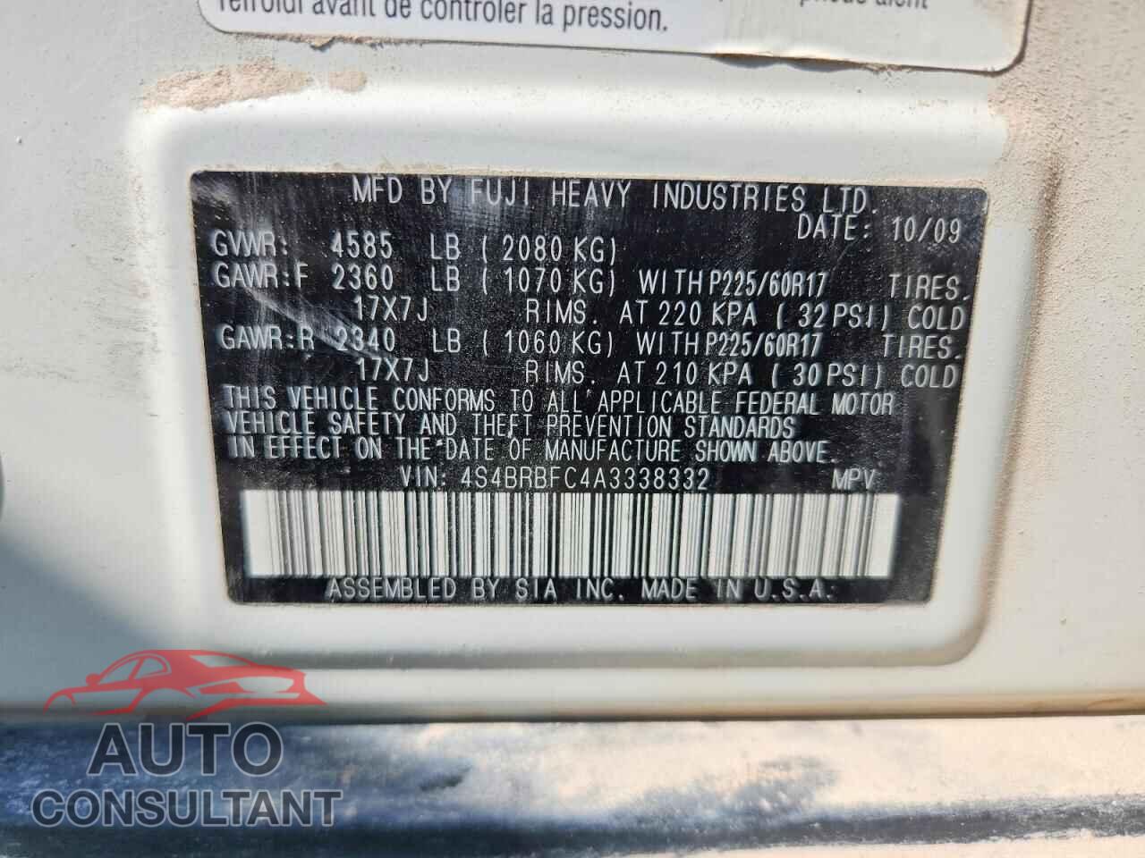 SUBARU OUTBACK 2010 - 4S4BRBFC4A3338332