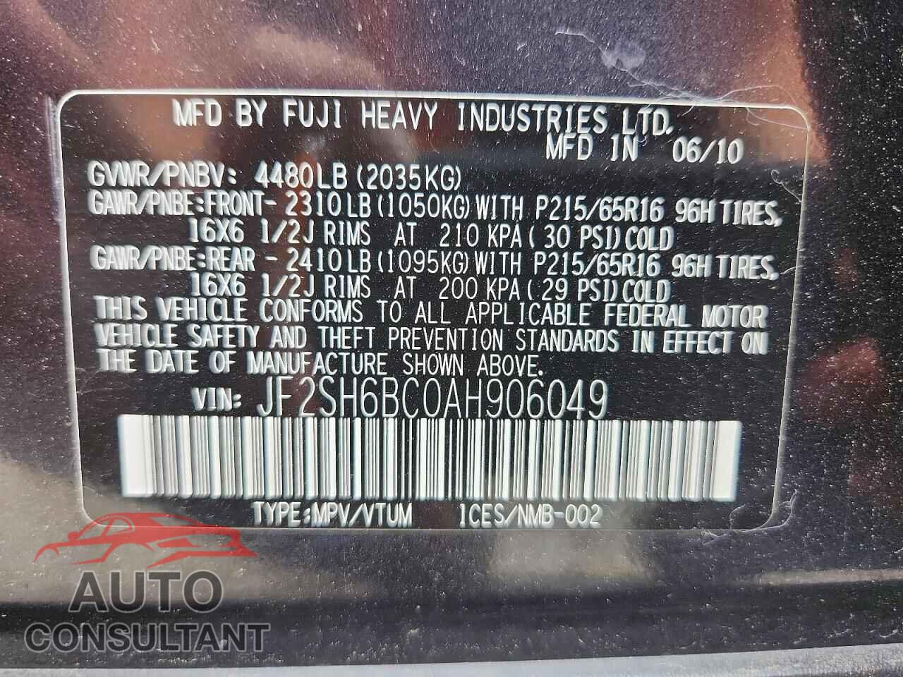 SUBARU FORESTER 2010 - JF2SH6BC0AH906049