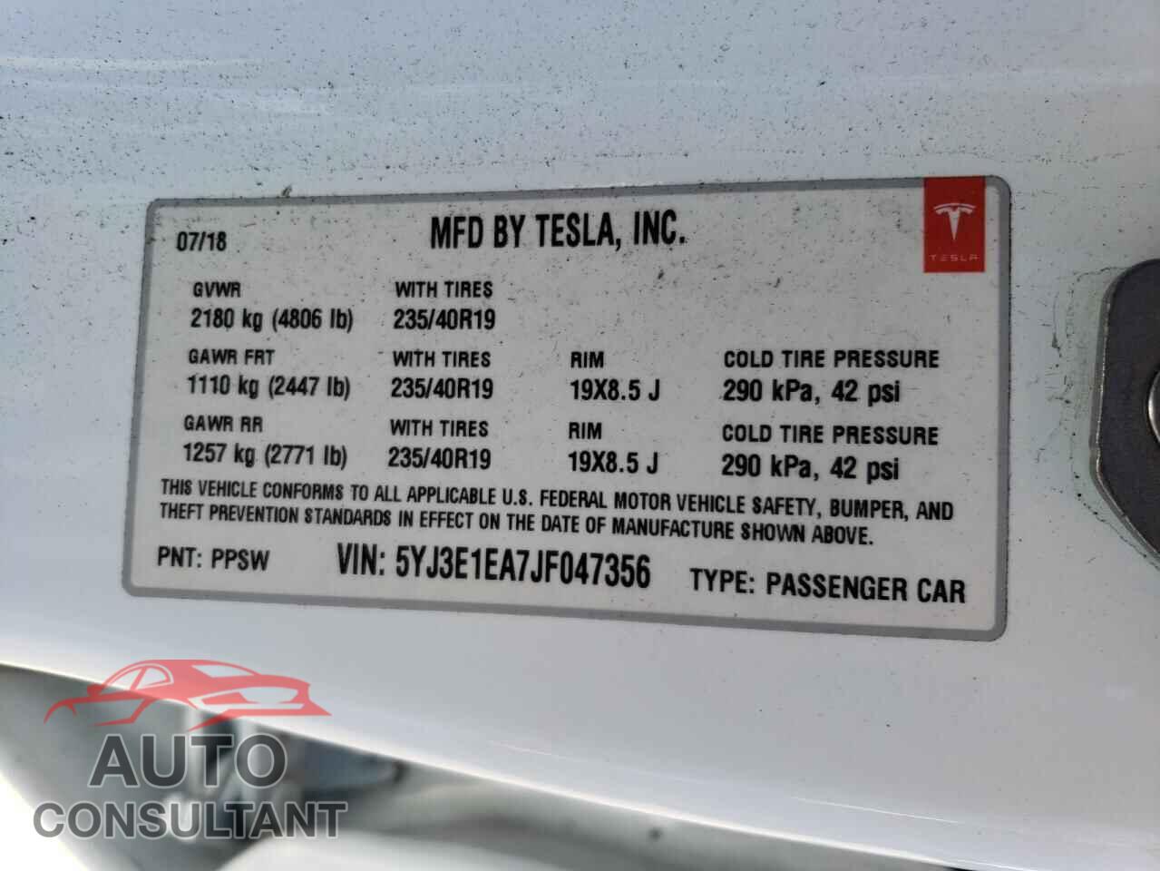 TESLA MODEL 3 2018 - 5YJ3E1EA7JF047356