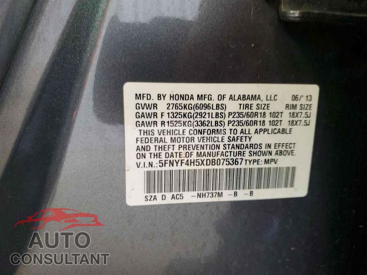 HONDA PILOT 2013 - 5FNYF4H5XDB075367