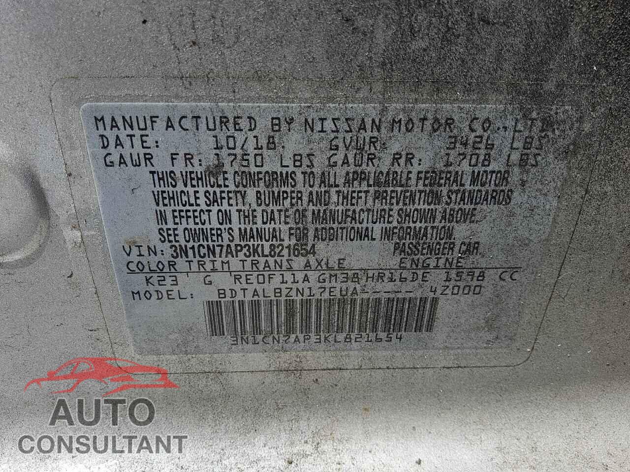 NISSAN VERSA 2019 - 3N1CN7AP3KL821654