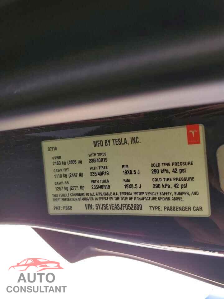 TESLA MODEL 3 2018 - 5YJ3E1EA8JF052680