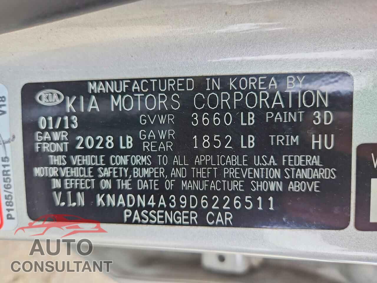 KIA RIO 2013 - KNADN4A39D6226511