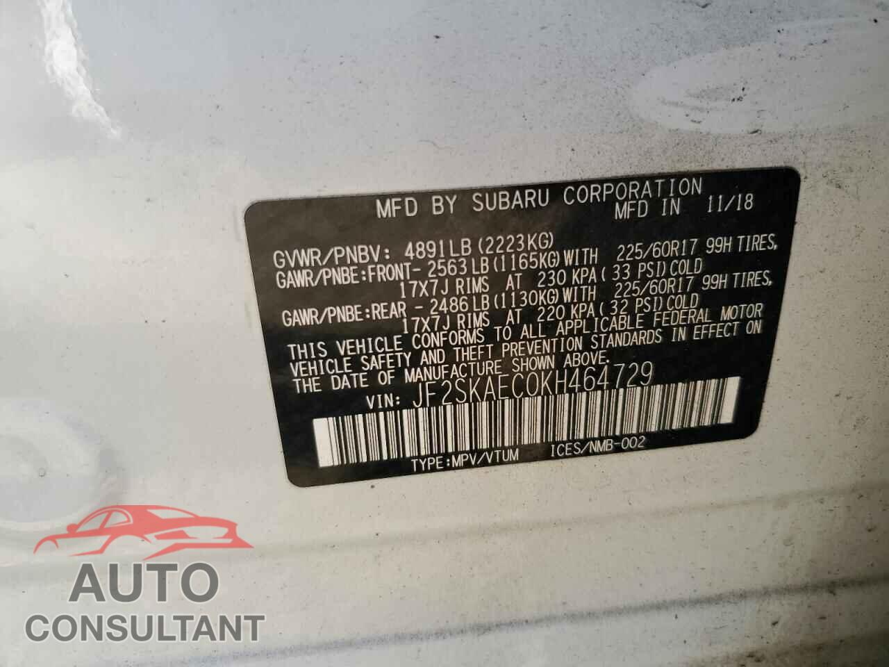 SUBARU FORESTER 2019 - JF2SKAEC0KH464729