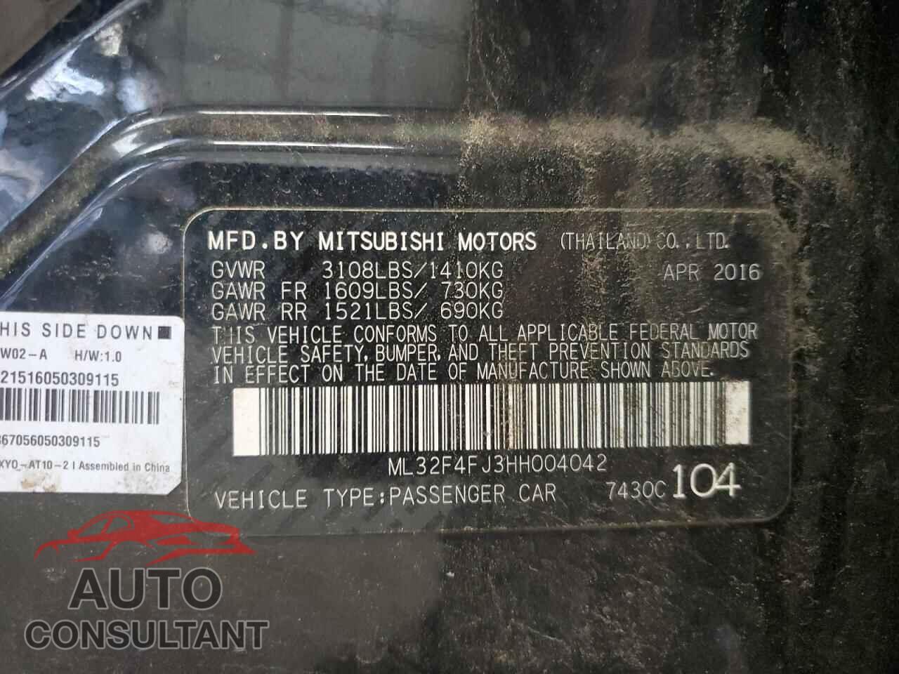 MITSUBISHI MIRAGE 2017 - ML32F4FJ3HH004042