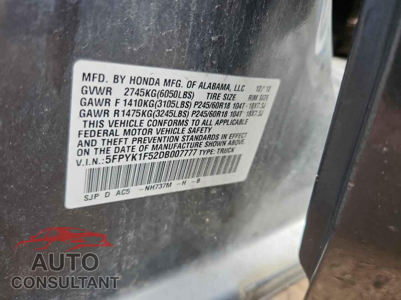 HONDA RIDGELINE 2013 - 5FPYK1F52DB007777