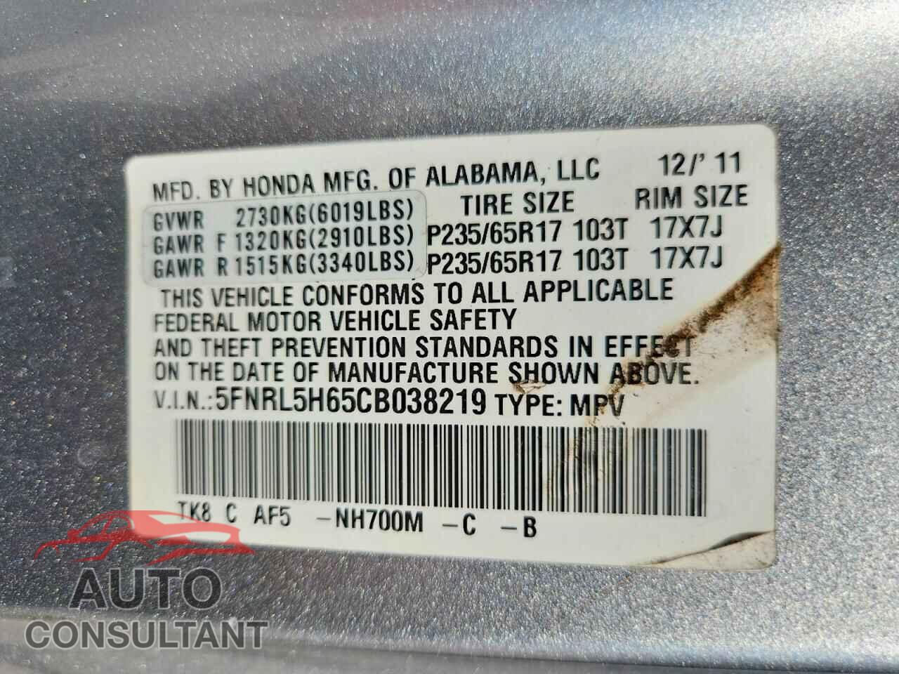 HONDA ODYSSEY 2012 - 5FNRL5H65CB038219