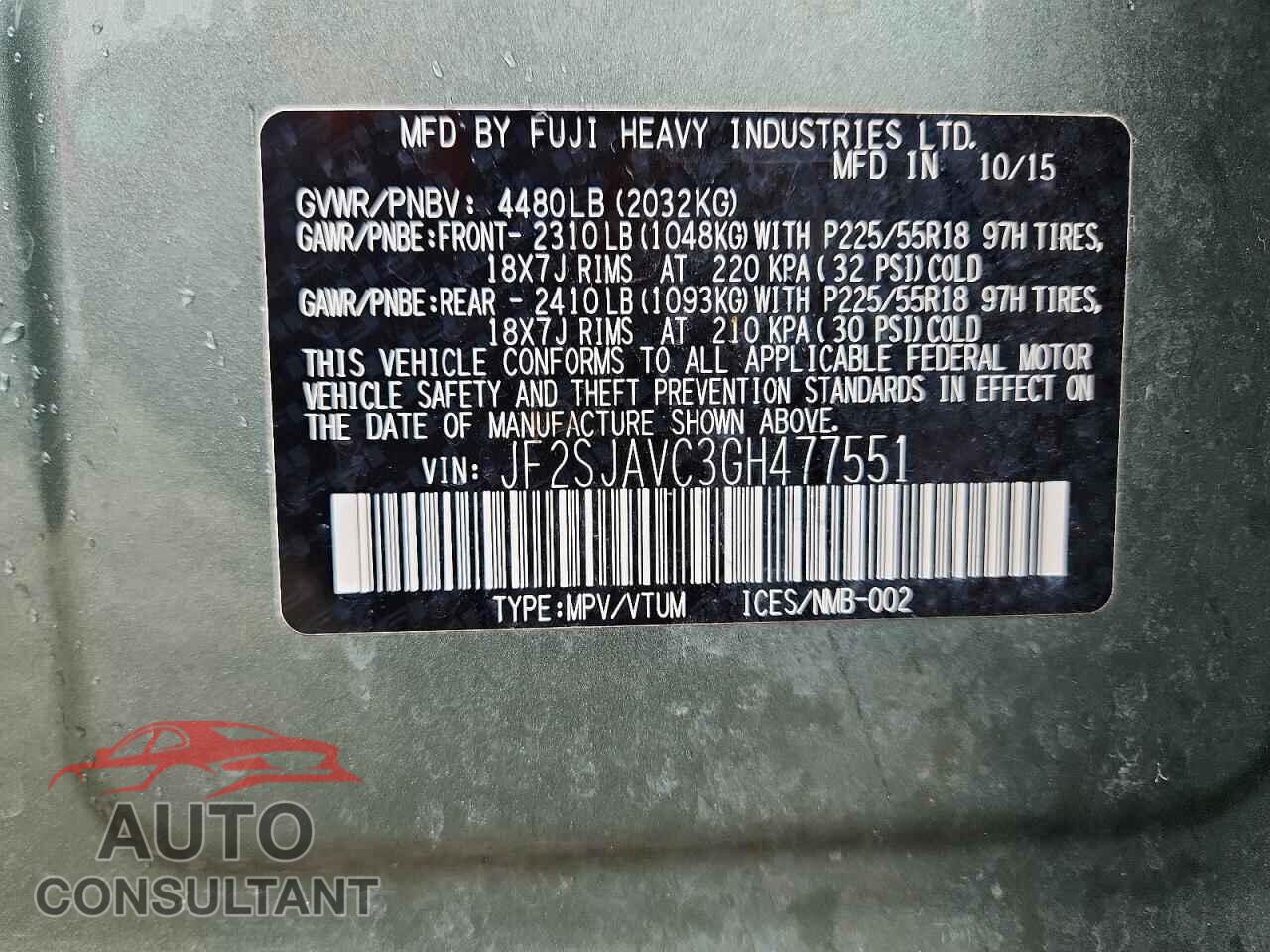 SUBARU FORESTER 2016 - JF2SJAVC3GH477551