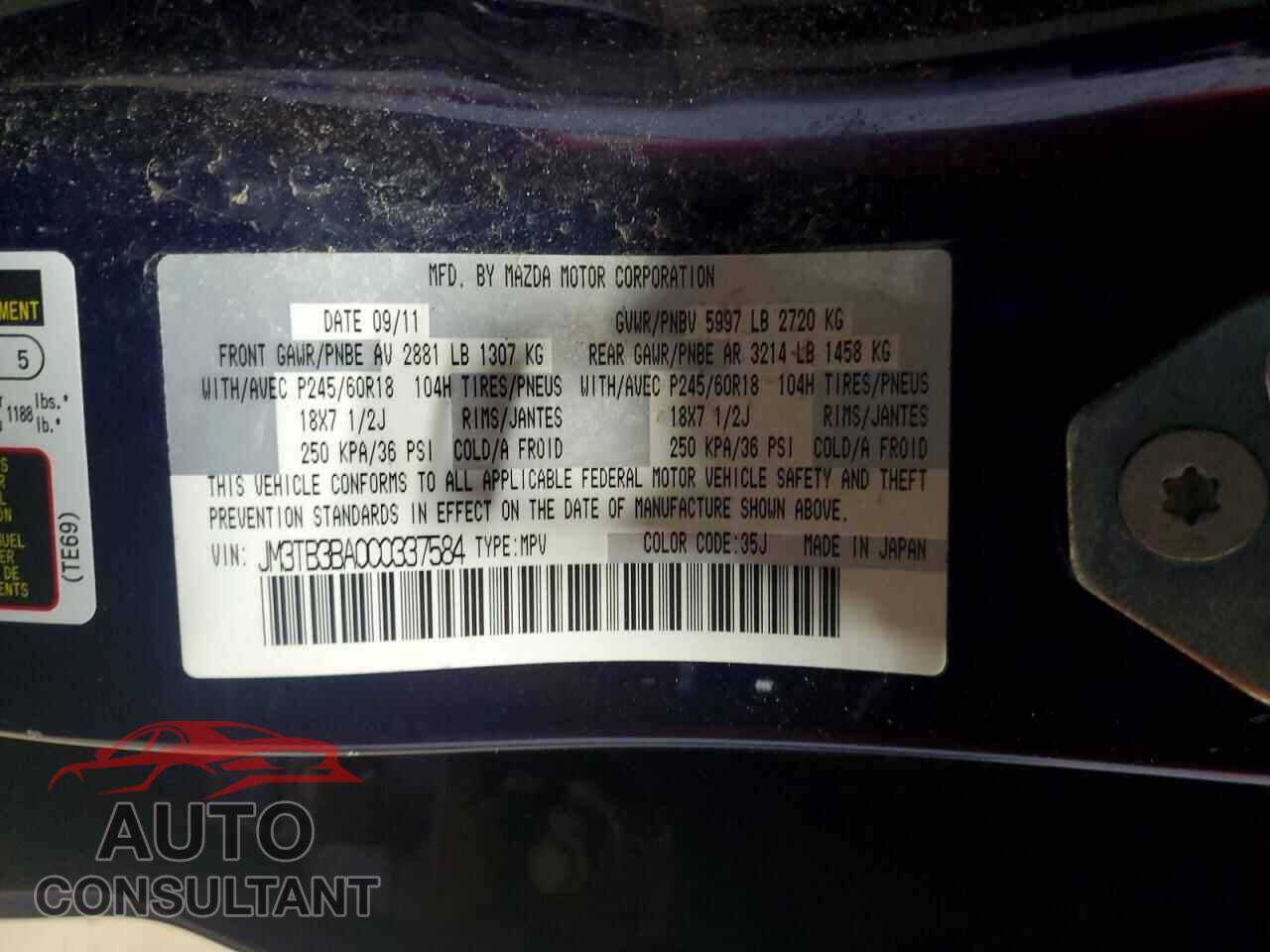 MAZDA CX-9 2012 - JM3TB3BA0C0337584