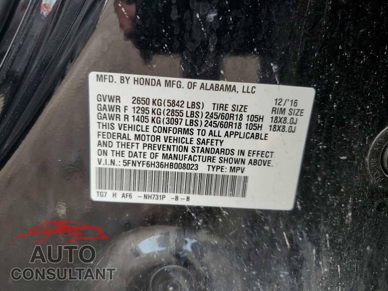 HONDA PILOT 2017 - 5FNYF6H36HB008023