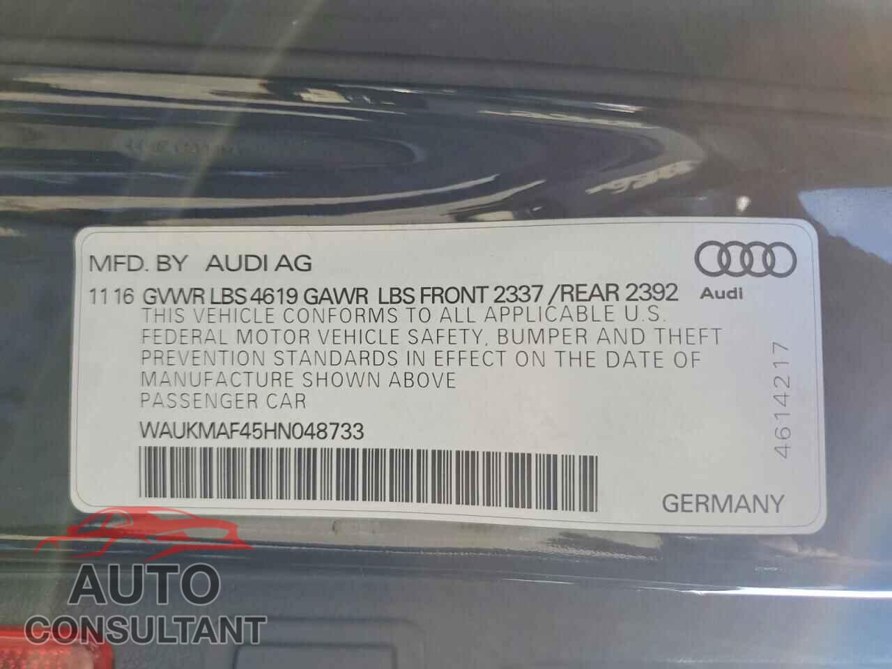 AUDI A4 2017 - WAUKMAF45HN048733