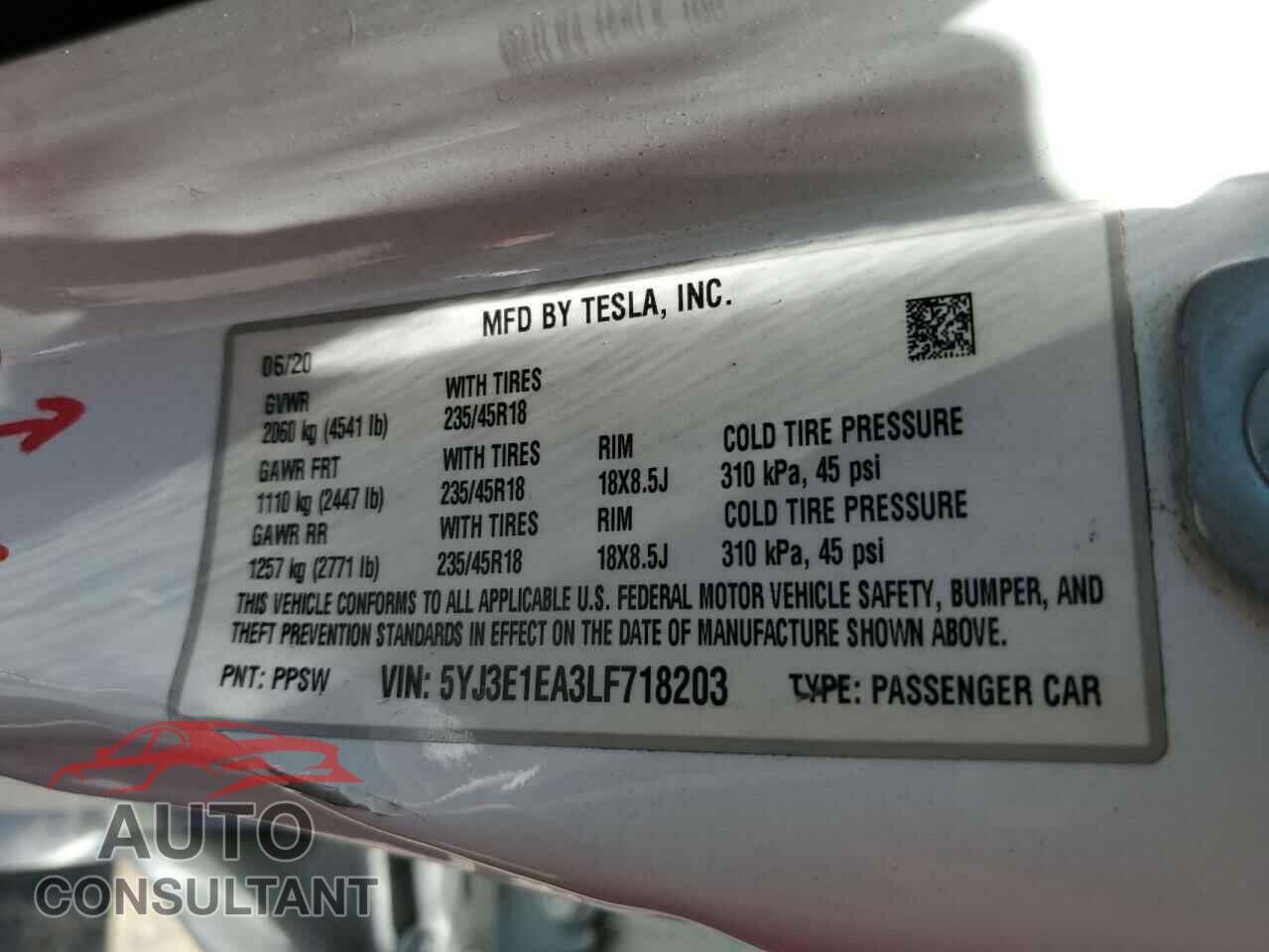 TESLA MODEL 3 2020 - 5YJ3E1EA3LF718203