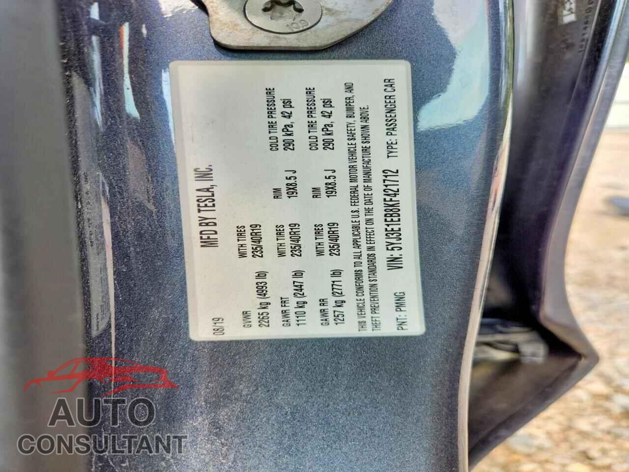 TESLA MODEL 3 2019 - 5YJ3E1EB8KF421712