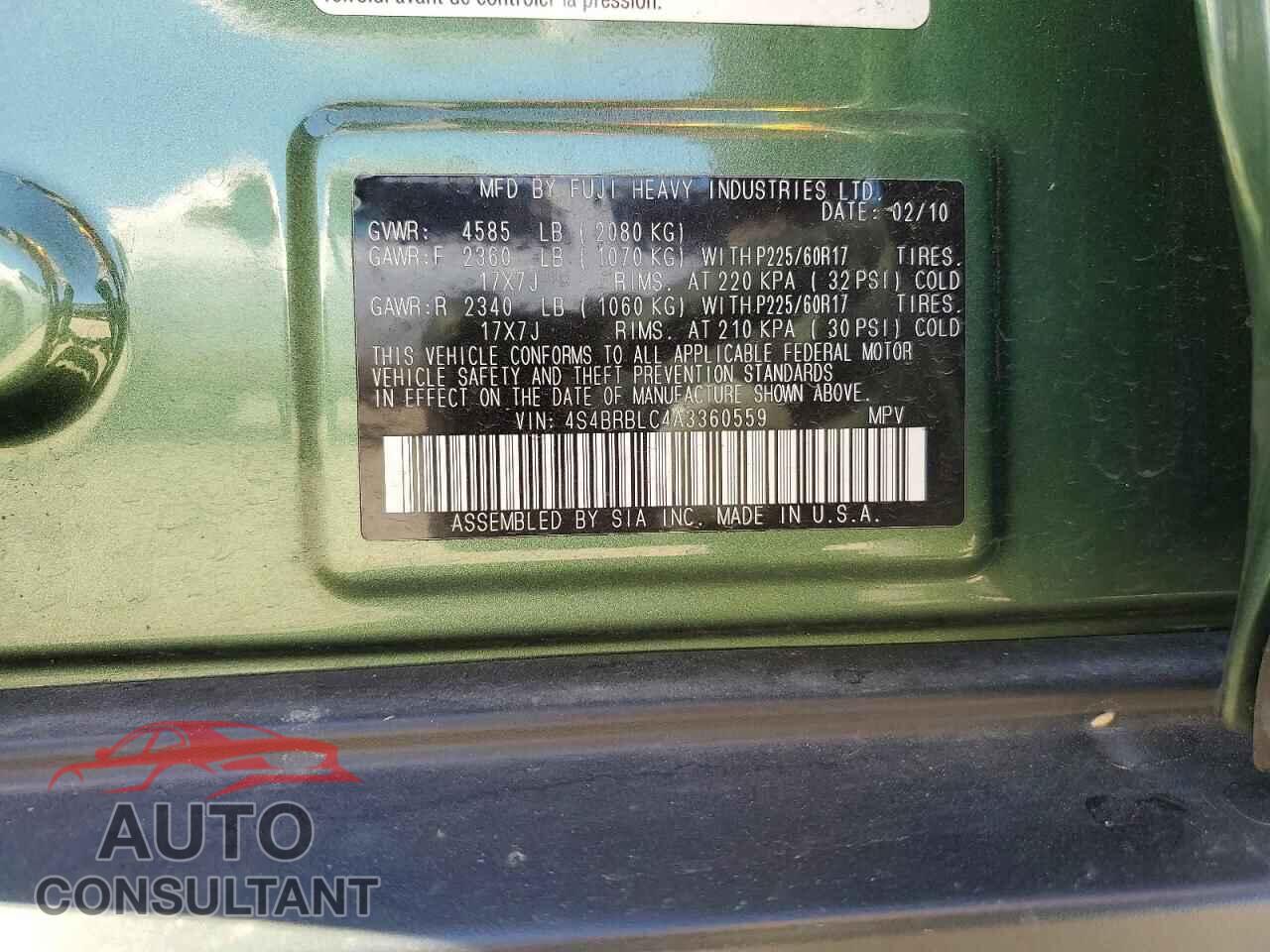 SUBARU OUTBACK 2010 - 4S4BRBLC4A3360559
