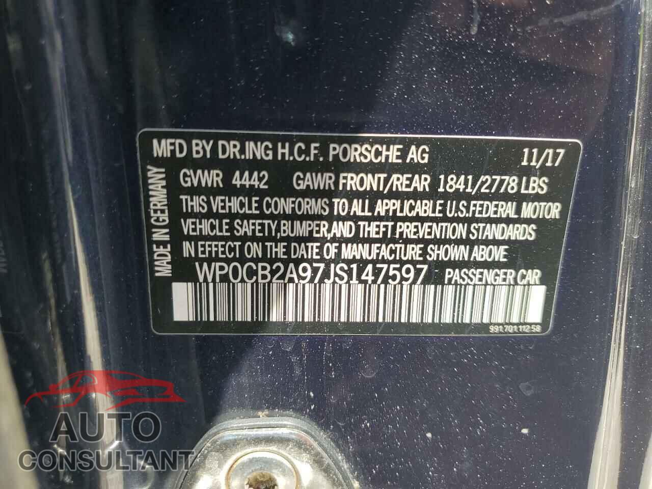 PORSCHE 911 2018 - WP0CB2A97JS147597